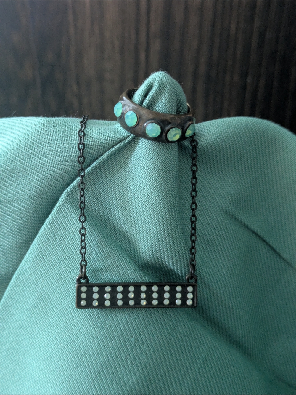 Iridescent Teal Accent Brown Bar Necklace & Matching Ring by Sweet Lola